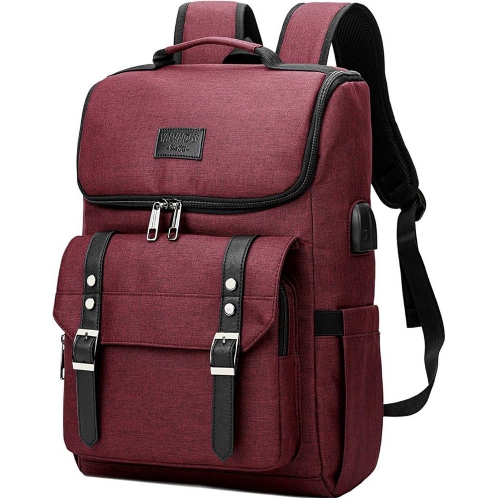 YALUNDISI Vintage Backpack Travel Laptop Backpack with USB Dark Red